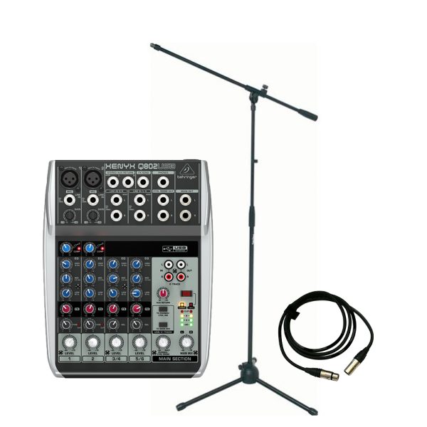 Combo consola Behringer Q802USB con 2 bases y 2 cables 10m