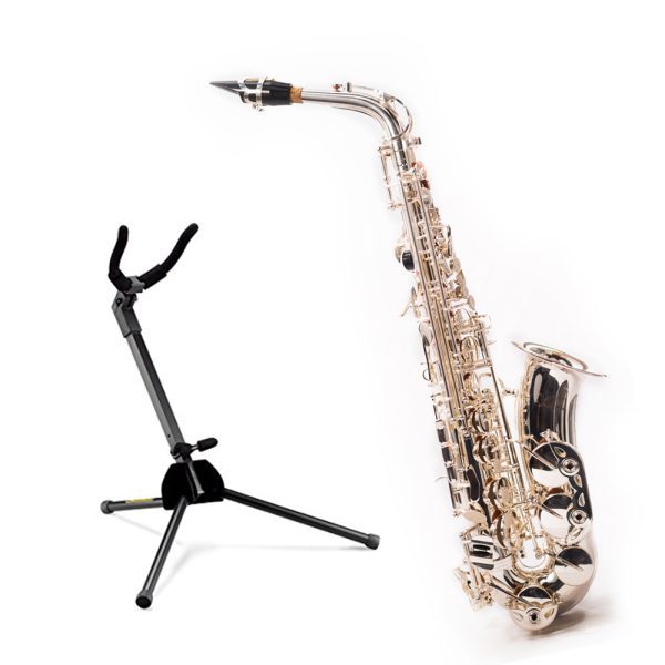 Combo Lyon France HR Saxofon Alto Plateado Base Hercules