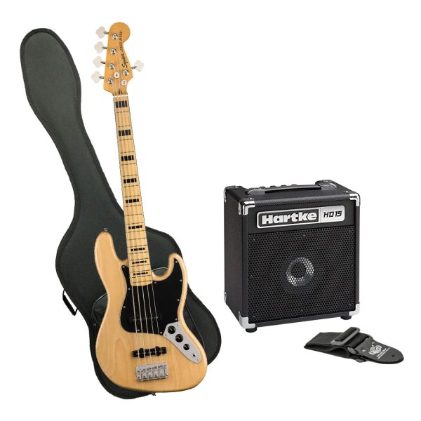 Bajo Fender SQ CV 70 JBASS V Ampli Hartke Estuche rígido correa