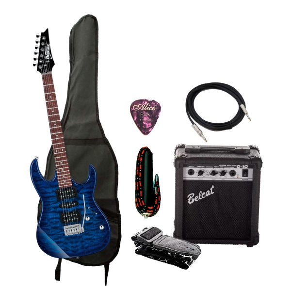 Combo Ibanez GRX70QA-TBB Guitarra + Amplificador, Base y Accesorios