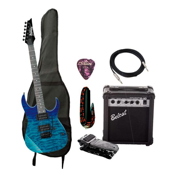 Combo Ibanez GRG120QASP-BGD Guitarra + Amplificador, Base y Accesorios