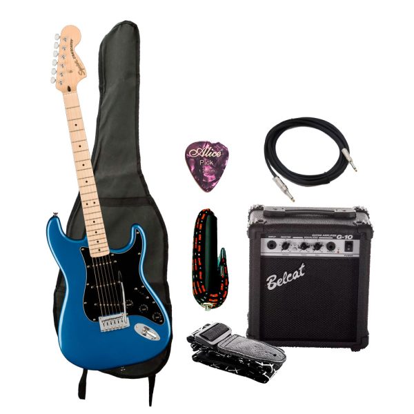 Combo Fender AFF STRAT MN LPB Guitarra + Amplificador, Base y Accesorios