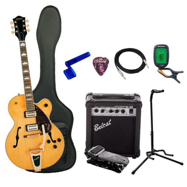 Combo Gretsch G2410TG STRM HLW Guitarra + Amplificador, Base y Accesorios