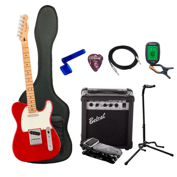 Combo Fender PLAYER TELE MN RED Guitarra + Amplificador, Base y Accesorios