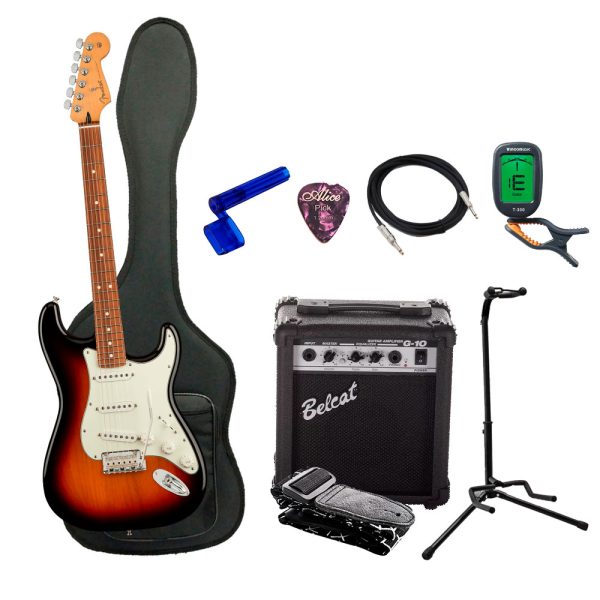 Combo Fender PLAYER Electrica Pau Ferro Guitarra + Amplificador, Base y Accesorios