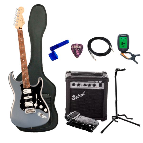 Combo Fender PLAYER STRAT HSH SILV Guitarra + Amplificador, Base y Accesorios