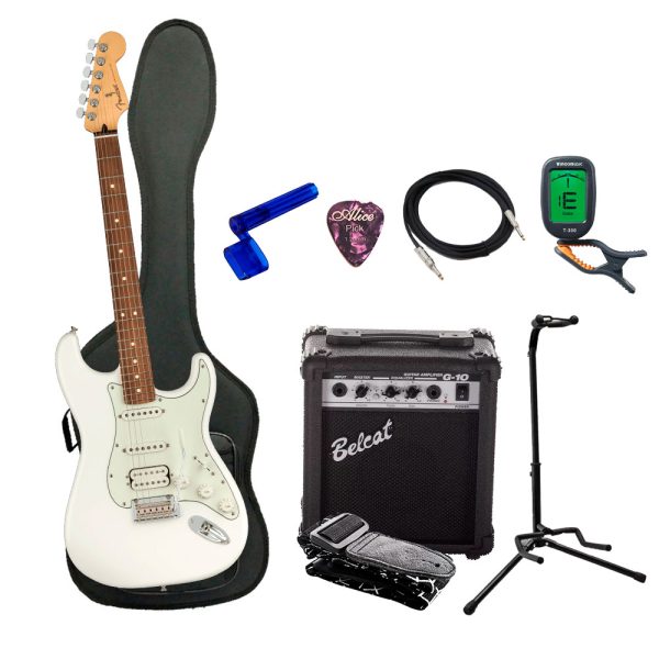 Combo Fender PLAYER STRAT HSS PF Guitarra + Amplificador, Base y Accesorios