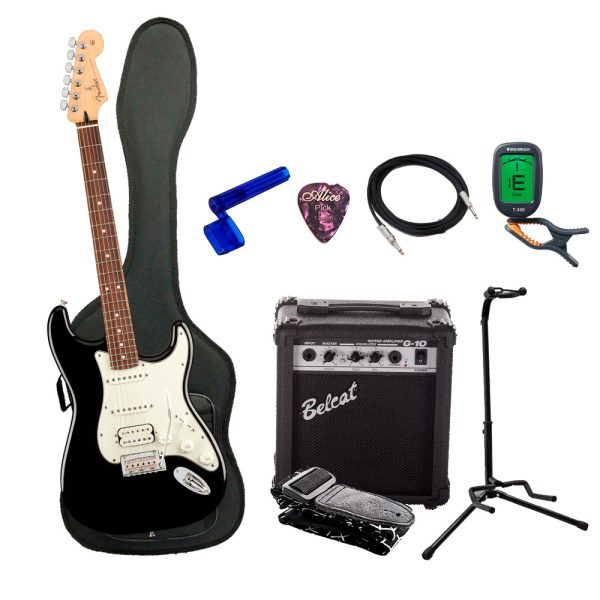 Combo Fender PLAYER STRAT HSS PF B Guitarra + Amplificador, Base y Accesorios